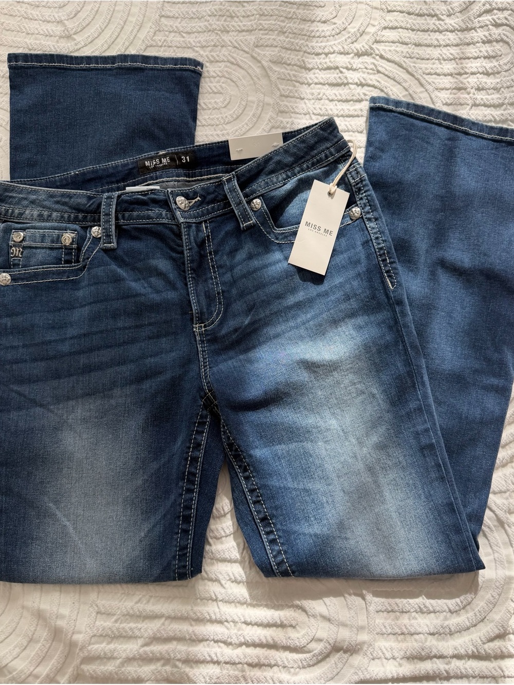 Miss Me Blue Bootcut Jeans with Subtle Fade